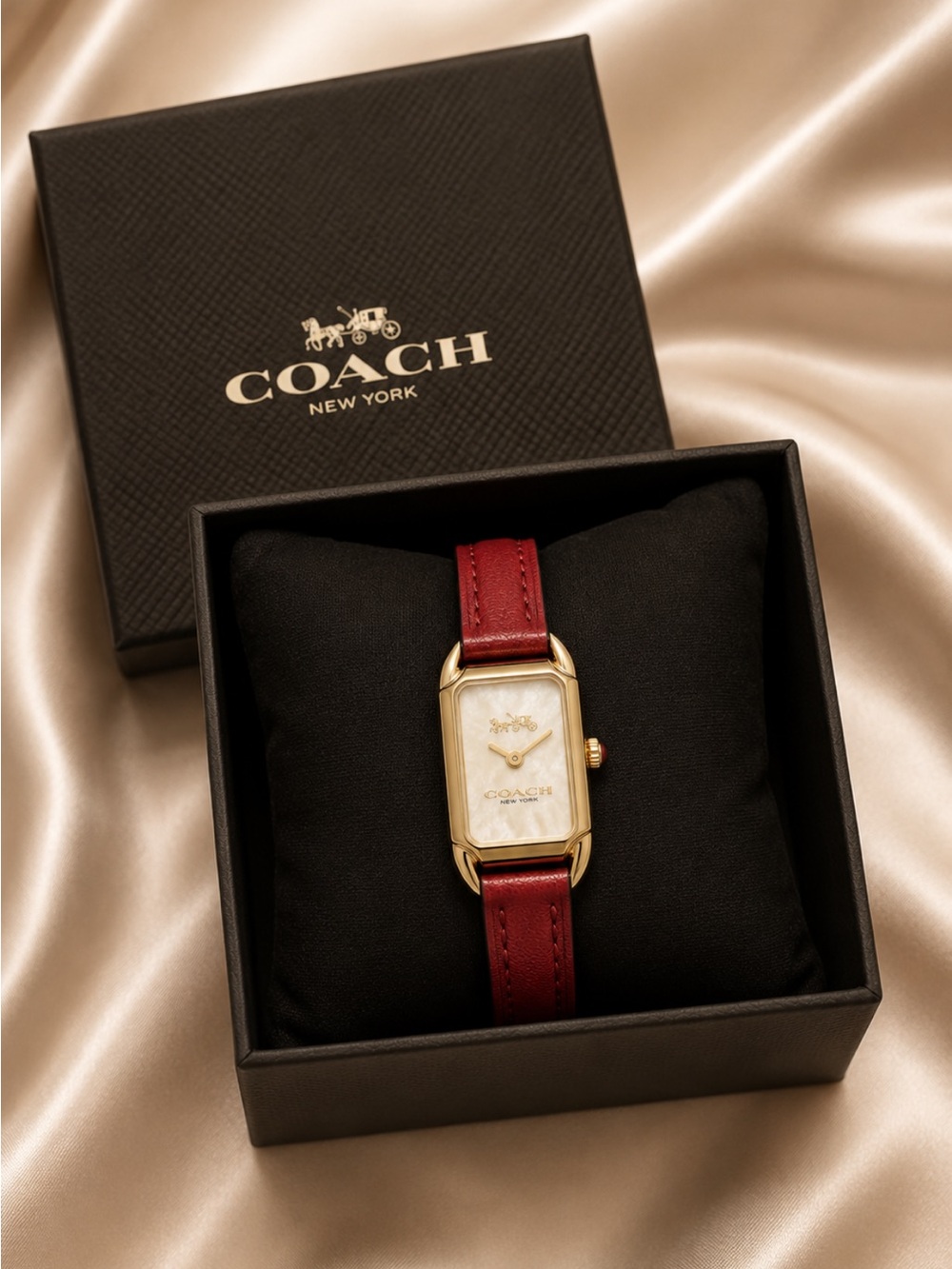 Coach Cadie Horse & Carriage Mother of Pearl face Watch Red Leather Strap NWT
